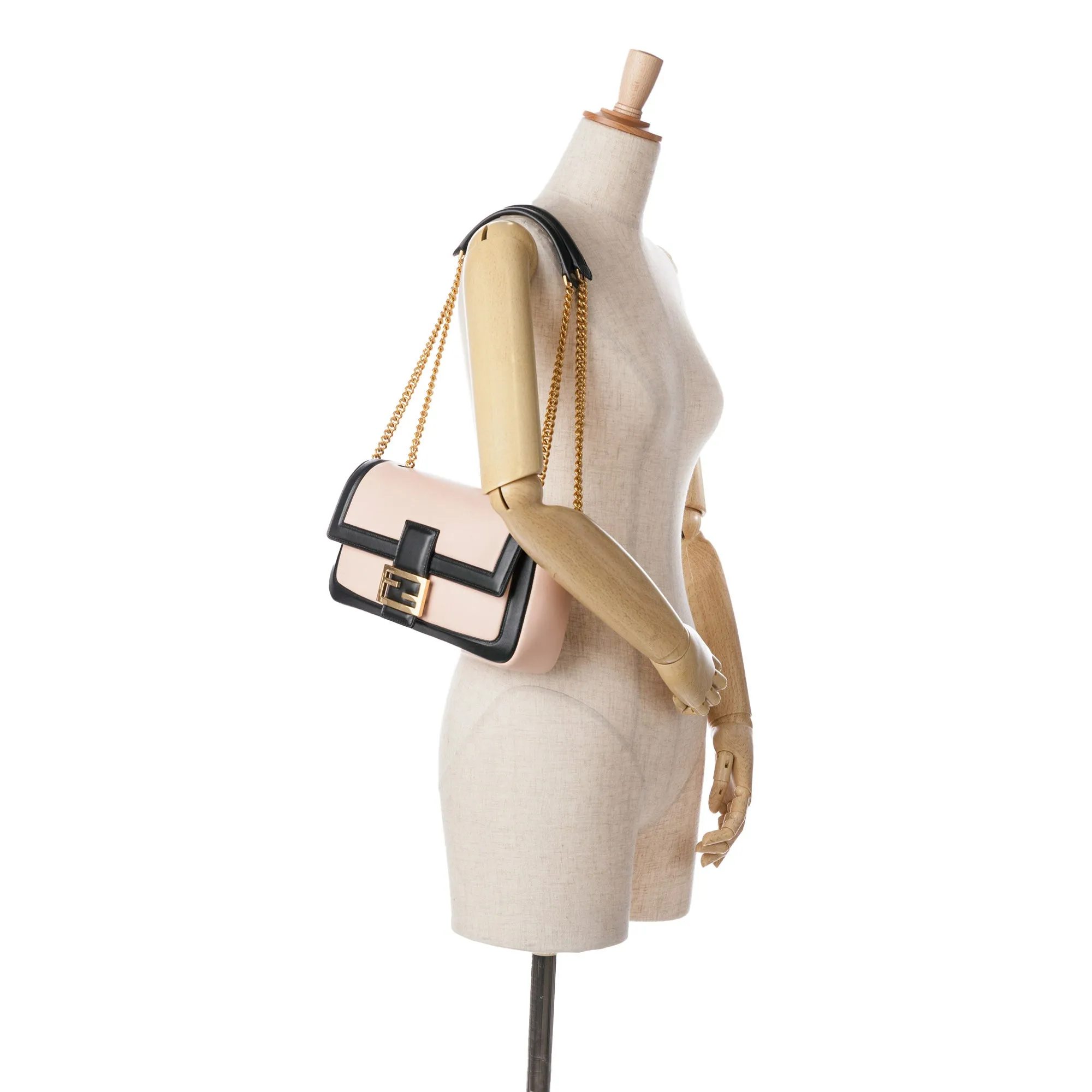 Pink Fendi Bicolor Leather Chain Midi Baguette Shoulder Bag