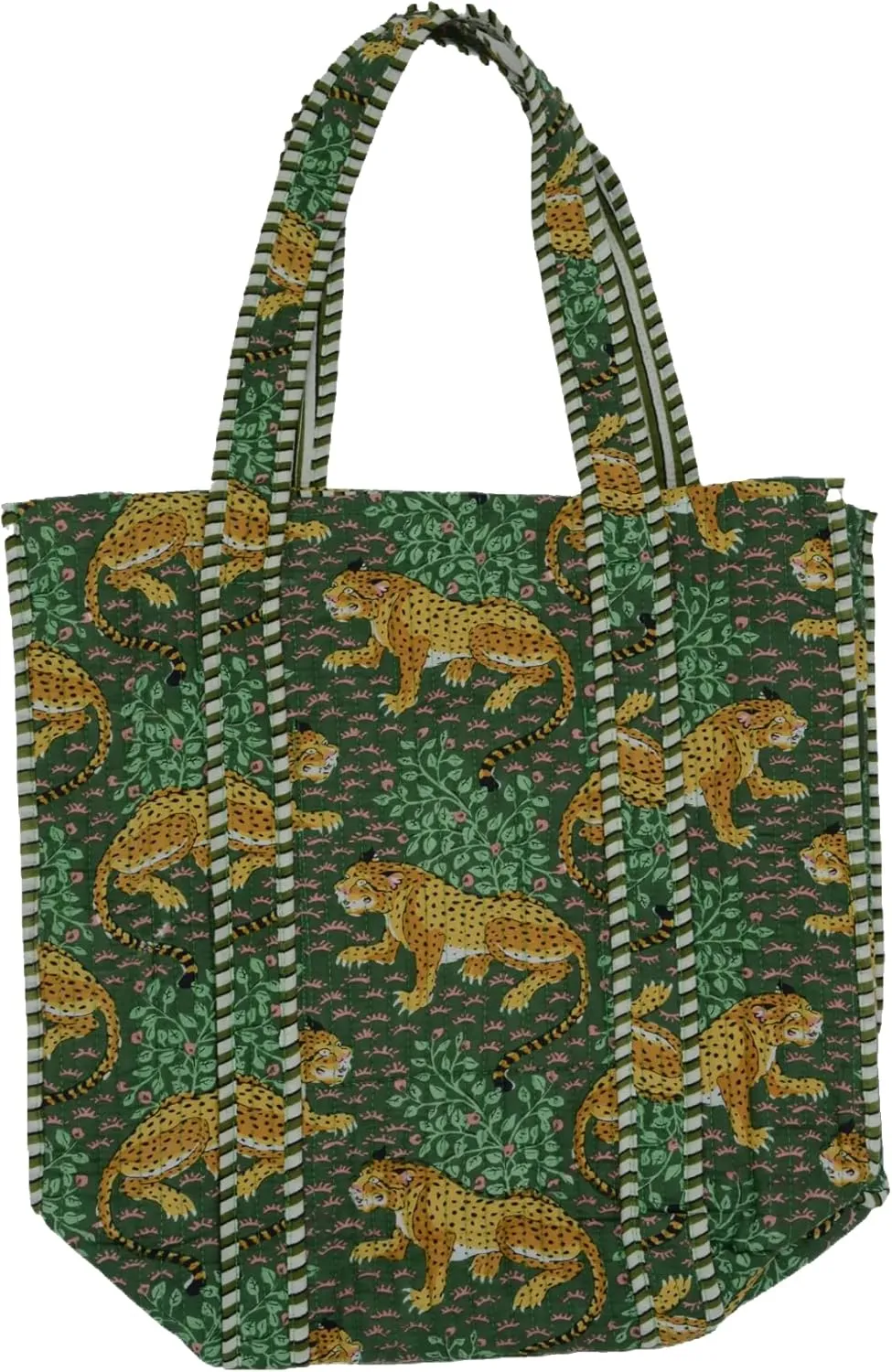 Quilted Large Cotton Fabric Tote Bag Travel Grocery Shopping Weekend Trips with Inside Pocket Jungle Whimsy