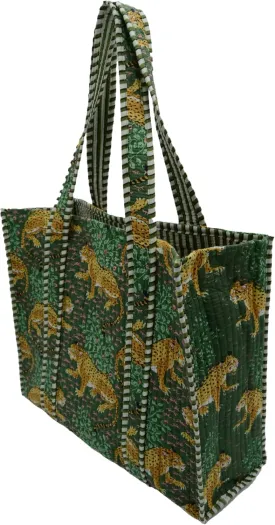 Quilted Large Cotton Fabric Tote Bag Travel Grocery Shopping Weekend Trips with Inside Pocket Jungle Whimsy