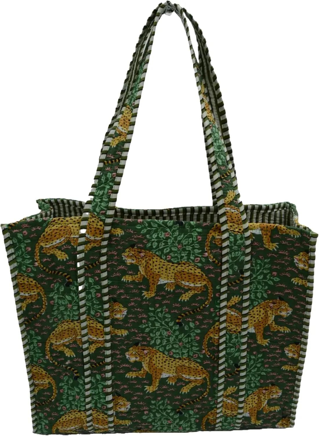 Quilted Large Cotton Fabric Tote Bag Travel Grocery Shopping Weekend Trips with Inside Pocket Jungle Whimsy
