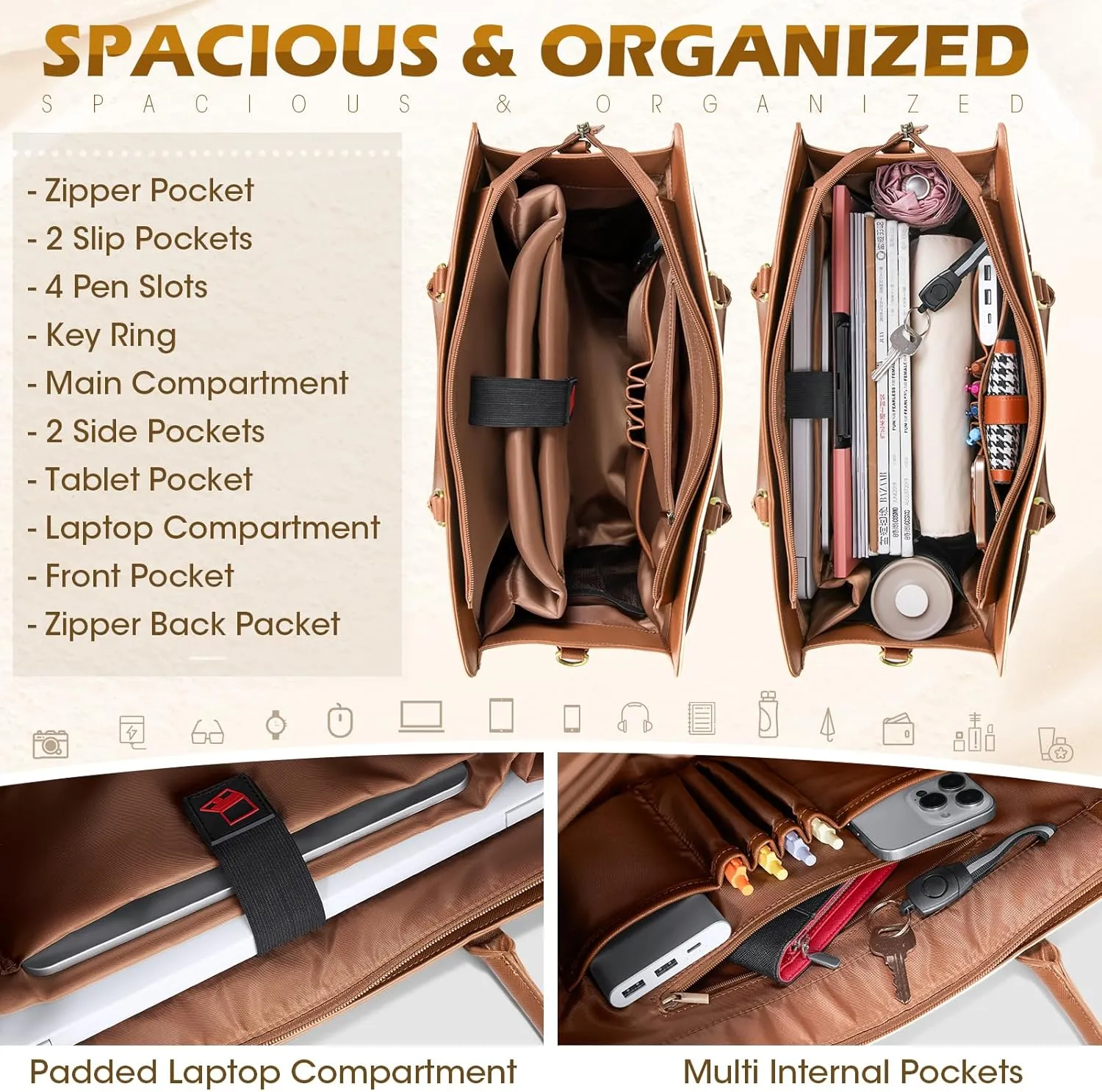 RAINSMORE Laptop Bag for Women 15.6 inch Leather Laptop Tote Bag Large Computer Bags Waterproof Business Office Work Bags Briefcase with Satchel Purse 2pcs Set, Brown