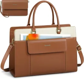 RAINSMORE Laptop Bag for Women 15.6 inch Leather Laptop Tote Bag Large Computer Bags Waterproof Business Office Work Bags Briefcase with Satchel Purse 2pcs Set, Brown