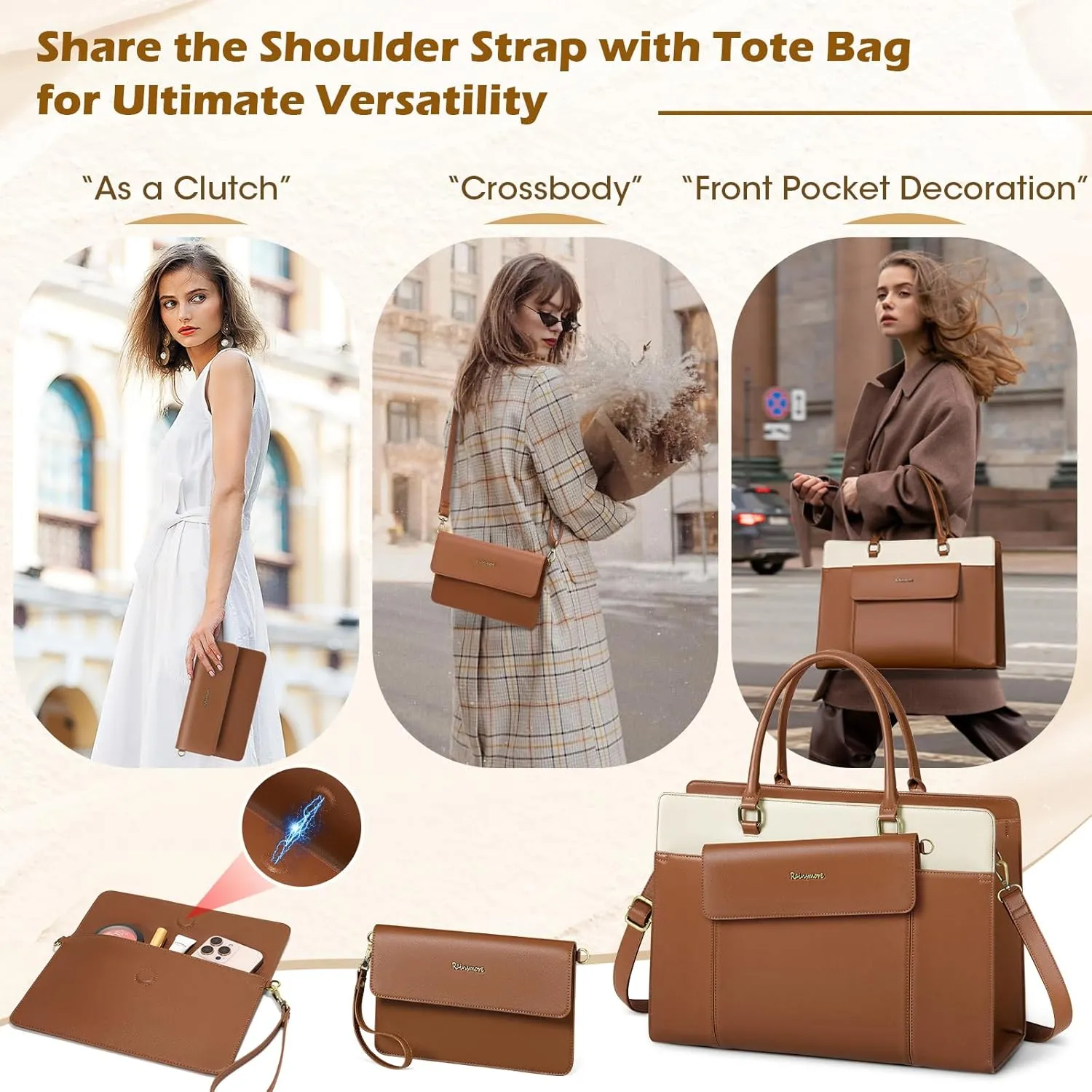 RAINSMORE Laptop Bag for Women 15.6 inch Leather Laptop Tote Bag Large Computer Bags Waterproof Business Office Work Bags Briefcase with Satchel Purse 2pcs Set, Brown