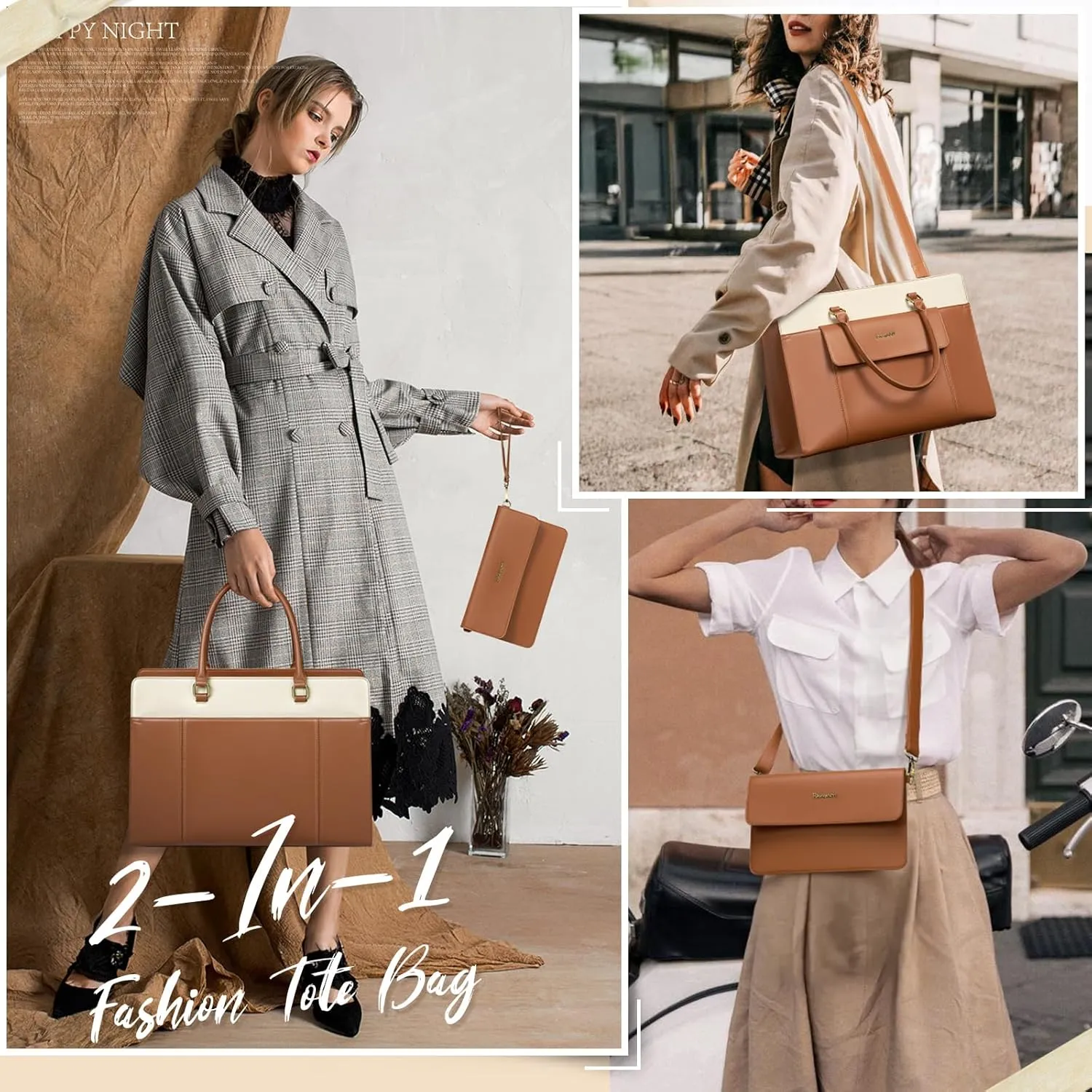 RAINSMORE Laptop Bag for Women 15.6 inch Leather Laptop Tote Bag Large Computer Bags Waterproof Business Office Work Bags Briefcase with Satchel Purse 2pcs Set, Brown