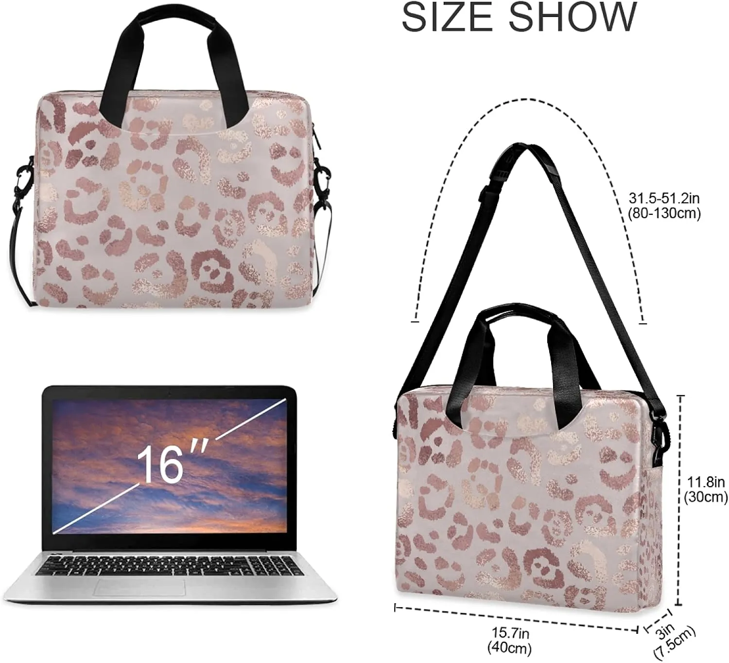 Rose Gold Leopard Print Pink Laptop Messenger Bag Case Sleeve Crossbody Briefcase for Men Women with Shoulder Strap Handle 13 14 15.6 inch