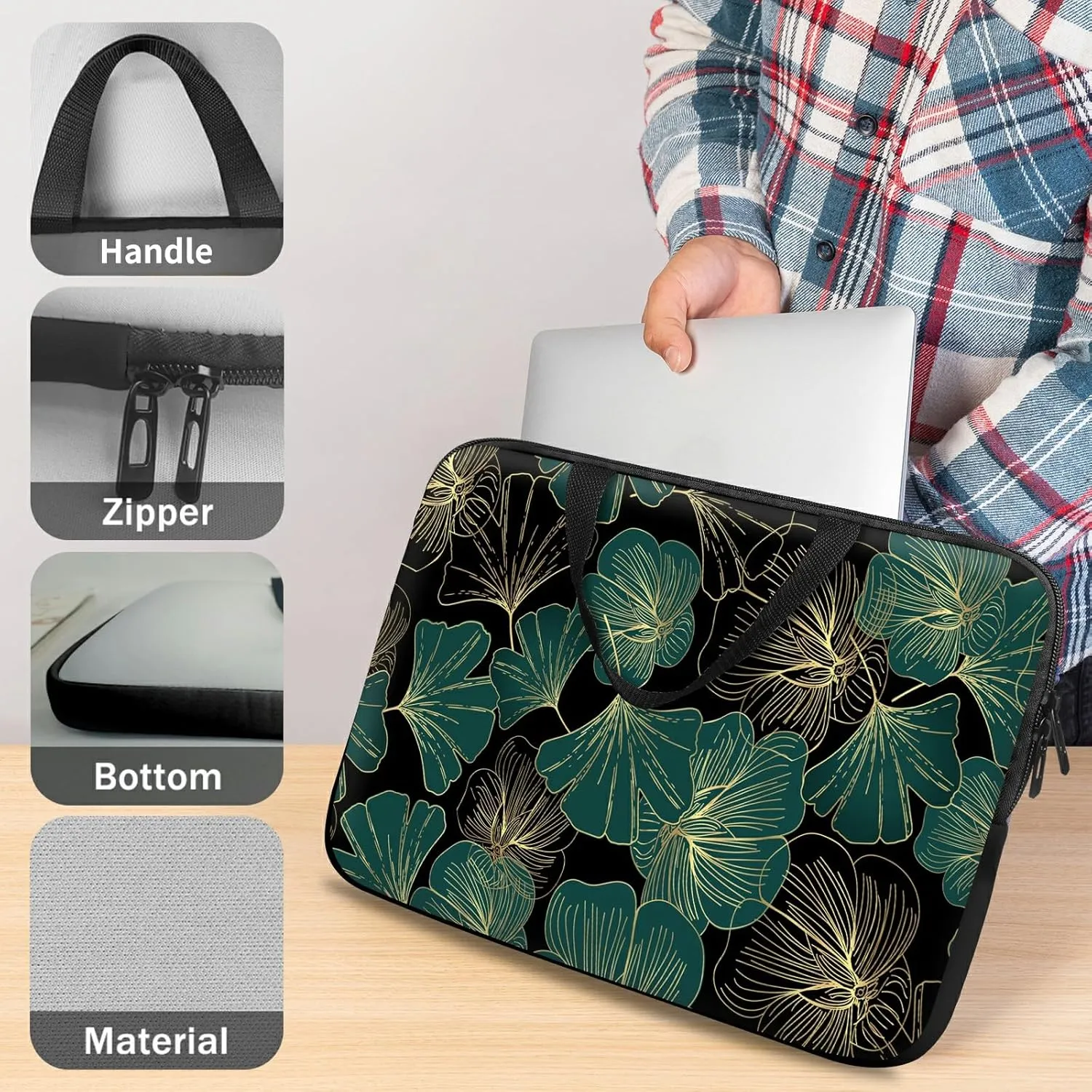 Slim Laptop Sleeve Carrying Case 15 inch with Handle and Zipper, Tablet Case Laptop Cover Briefcase Portable Tote Bag for Men Women, Ginkgo Leaf