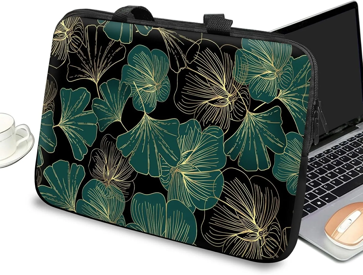 Slim Laptop Sleeve Carrying Case 15 inch with Handle and Zipper, Tablet Case Laptop Cover Briefcase Portable Tote Bag for Men Women, Ginkgo Leaf