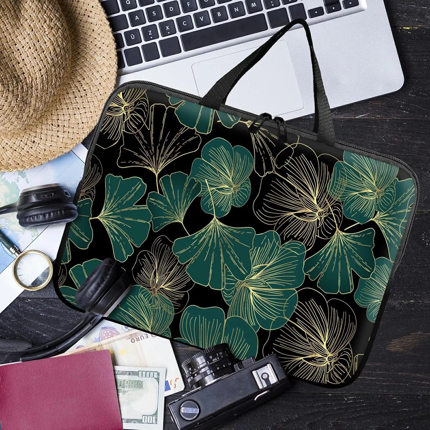 Slim Laptop Sleeve Carrying Case 15 inch with Handle and Zipper, Tablet Case Laptop Cover Briefcase Portable Tote Bag for Men Women, Ginkgo Leaf