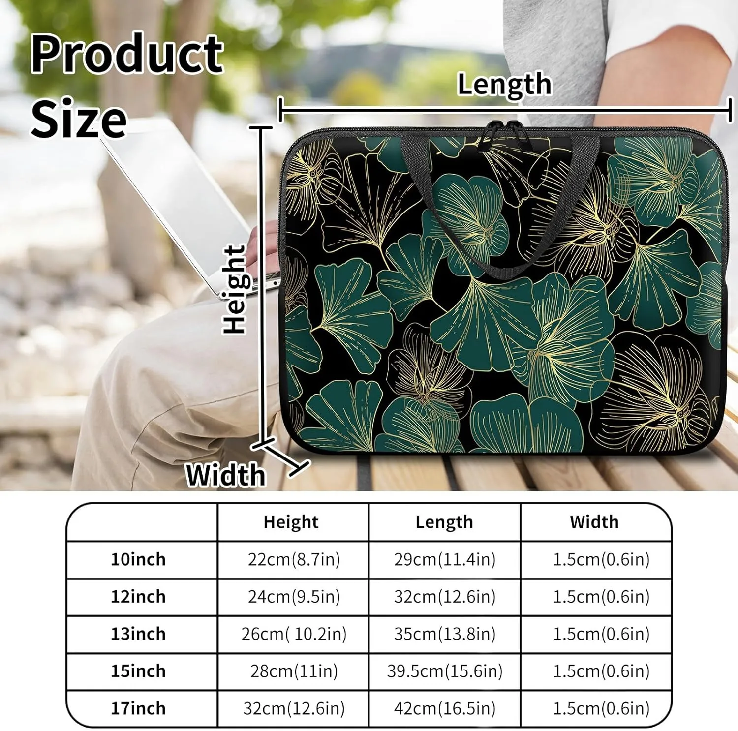 Slim Laptop Sleeve Carrying Case 15 inch with Handle and Zipper, Tablet Case Laptop Cover Briefcase Portable Tote Bag for Men Women, Ginkgo Leaf