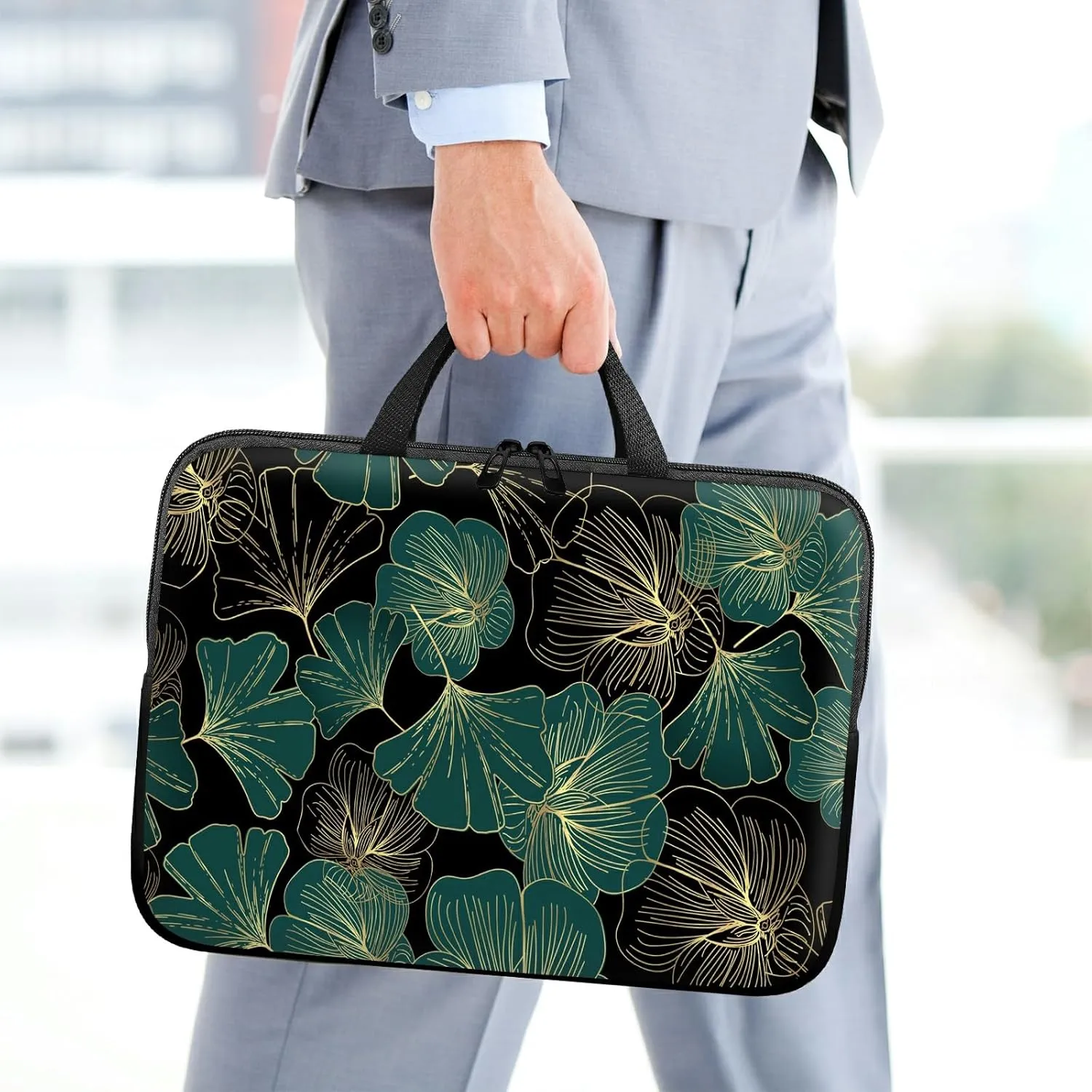 Slim Laptop Sleeve Carrying Case 15 inch with Handle and Zipper, Tablet Case Laptop Cover Briefcase Portable Tote Bag for Men Women, Ginkgo Leaf