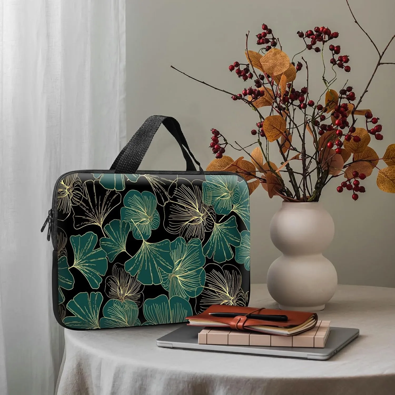 Slim Laptop Sleeve Carrying Case 15 inch with Handle and Zipper, Tablet Case Laptop Cover Briefcase Portable Tote Bag for Men Women, Ginkgo Leaf
