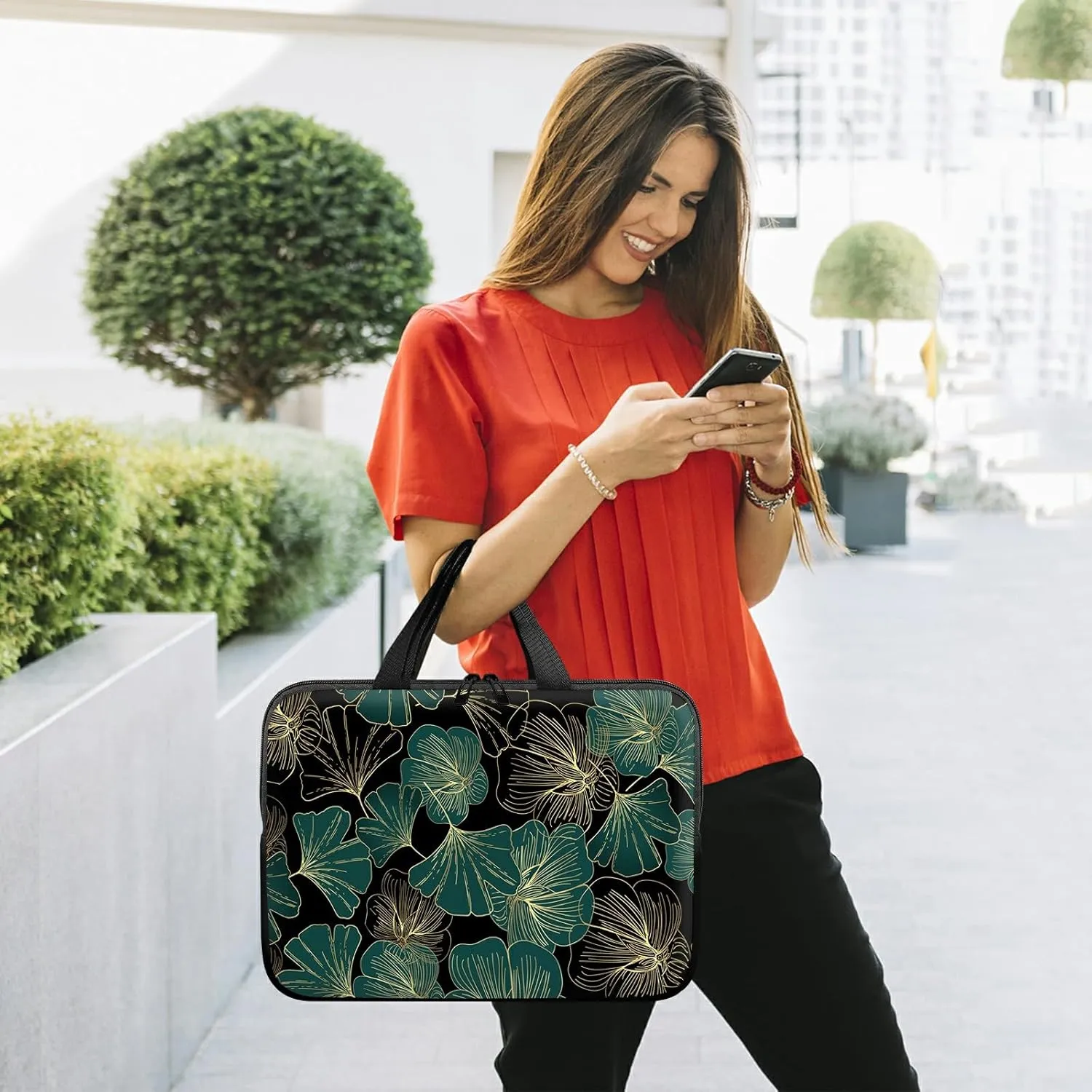 Slim Laptop Sleeve Carrying Case 15 inch with Handle and Zipper, Tablet Case Laptop Cover Briefcase Portable Tote Bag for Men Women, Ginkgo Leaf