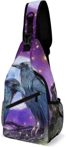 Sling Bag Watercolor Two Ravens Moon Crossbody Backpack with Anti Theft Fantasy Bird Adjustable Shoulder Bag for Travel,Hiking,Cycling,Camping