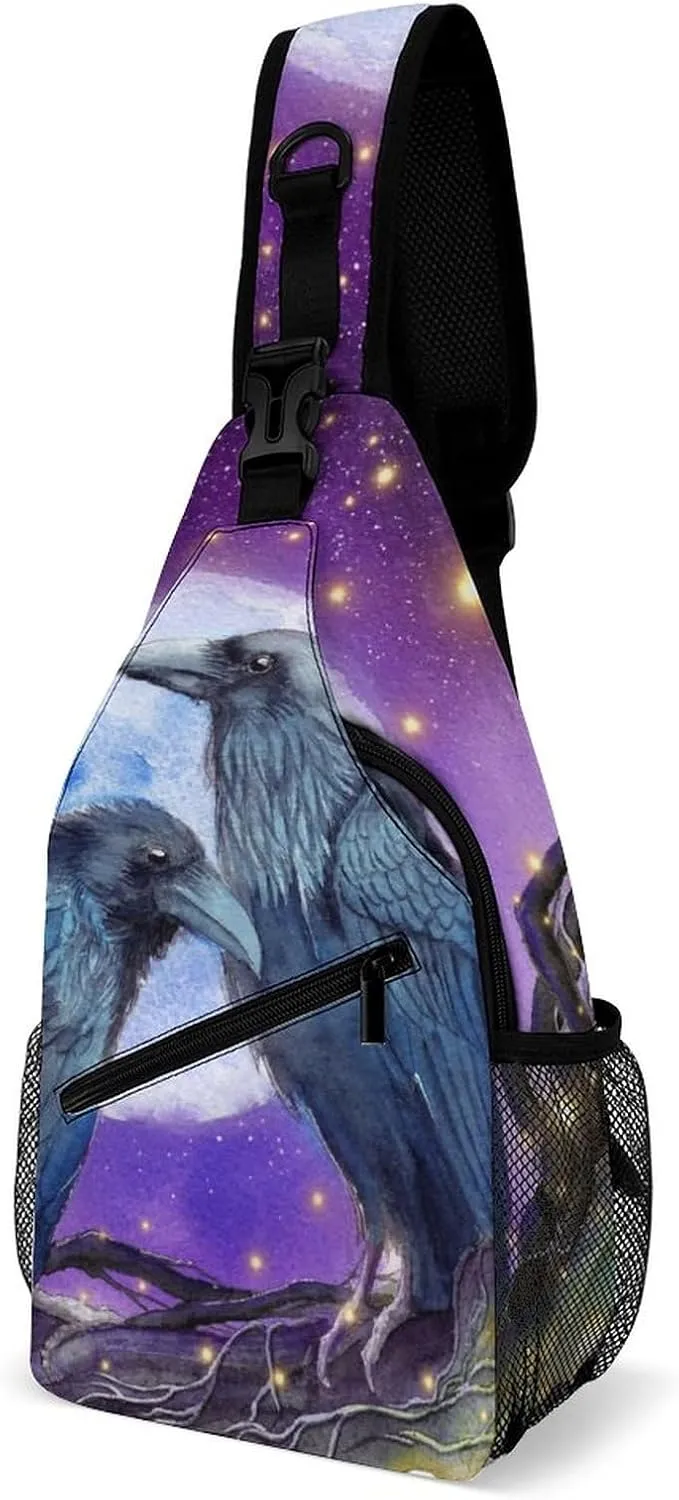 Sling Bag Watercolor Two Ravens Moon Crossbody Backpack with Anti Theft Fantasy Bird Adjustable Shoulder Bag for Travel,Hiking,Cycling,Camping