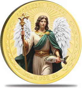 The Archangel with Prayer USA St Raphael Gold Challenge Coin - Healer of God Prayer for Health and Peace - Spiritual Connection Pocket Token | Religious Gift for Faith, Healing, and Protection