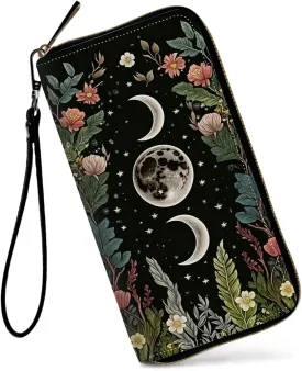 Womens Wallet, Large Capacity RFID Blocking PU Leather Wristlet Wallets for Women Ladies Men Credit Card Holder Zipper Wallet Phone Holder Clutch Travel Purse, Flowers Moon Star