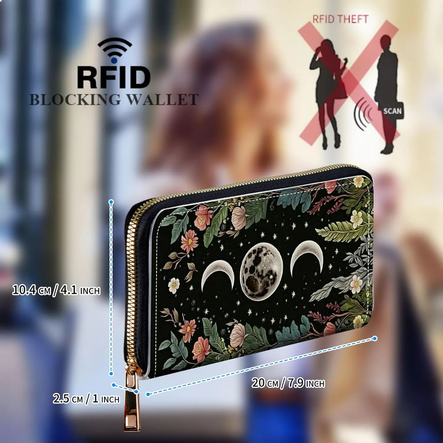 Womens Wallet, Large Capacity RFID Blocking PU Leather Wristlet Wallets for Women Ladies Men Credit Card Holder Zipper Wallet Phone Holder Clutch Travel Purse, Flowers Moon Star