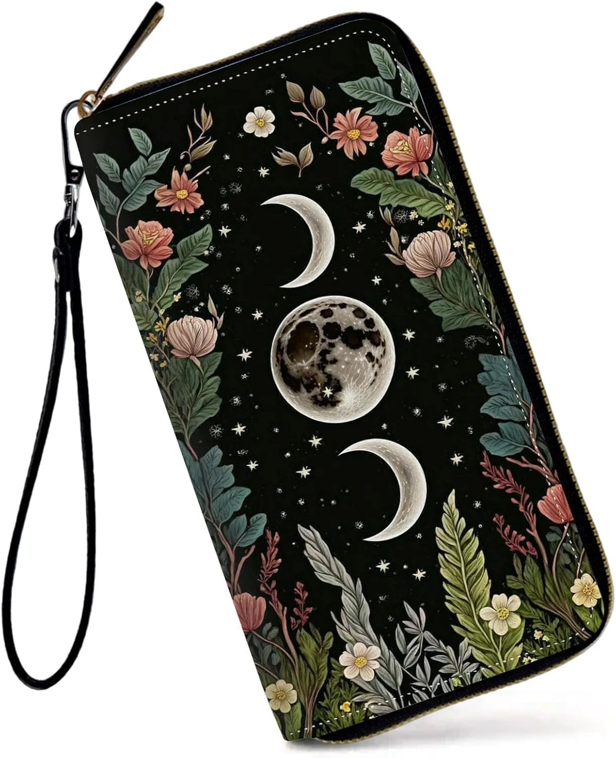 Womens Wallet, Large Capacity RFID Blocking PU Leather Wristlet Wallets for Women Ladies Men Credit Card Holder Zipper Wallet Phone Holder Clutch Travel Purse, Flowers Moon Star