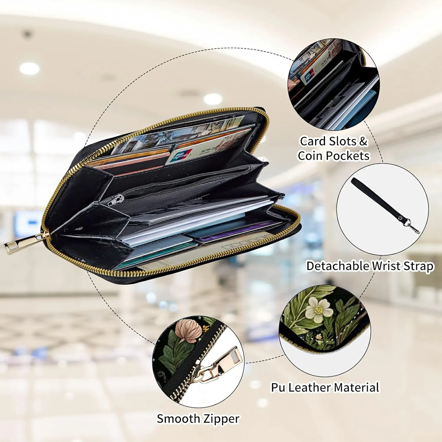 Womens Wallet, Large Capacity RFID Blocking PU Leather Wristlet Wallets for Women Ladies Men Credit Card Holder Zipper Wallet Phone Holder Clutch Travel Purse, Flowers Moon Star
