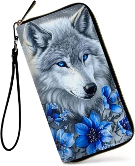 Womens Wallet, Large Capacity RFID Blocking PU Leather Wristlet Wallets for Women Ladies Men Credit Card Holder Zipper Wallet Phone Holder Clutch Travel Purse, White Wolf Flowers