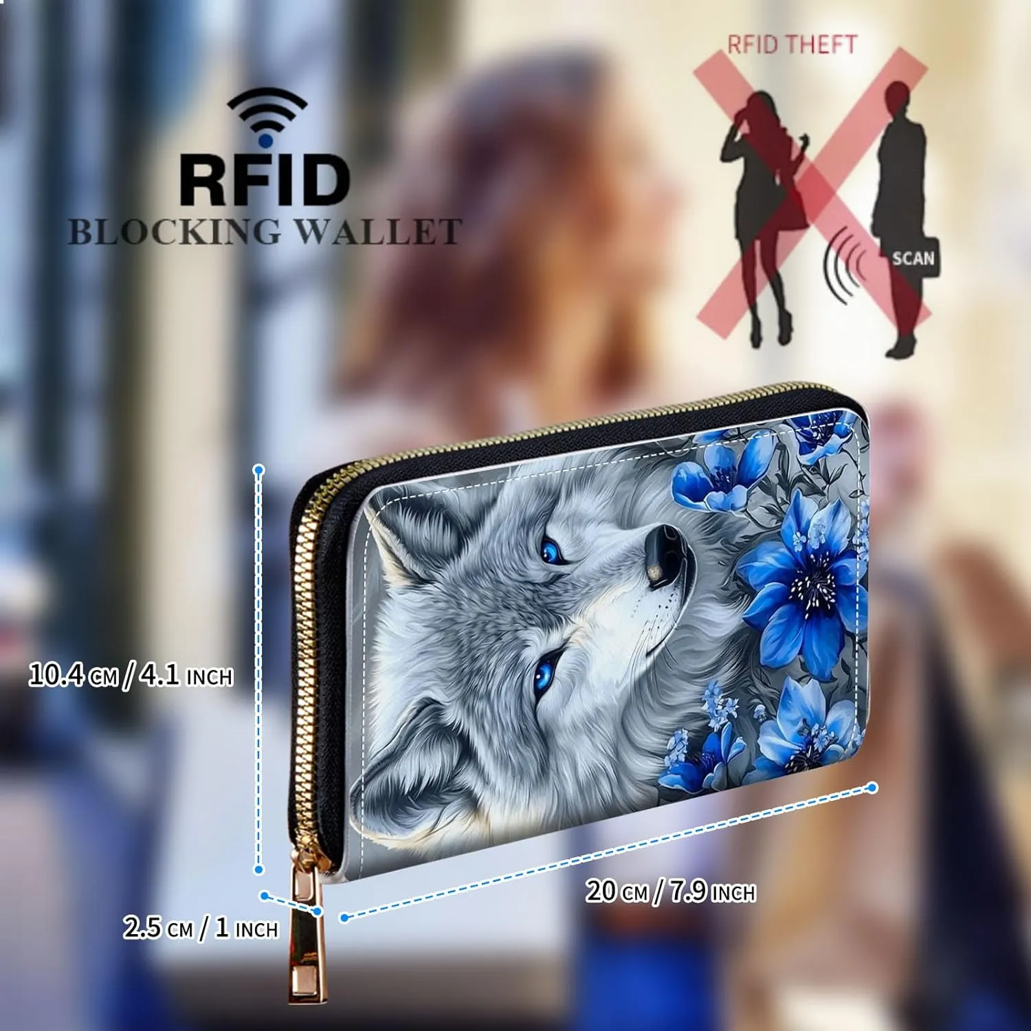 Womens Wallet, Large Capacity RFID Blocking PU Leather Wristlet Wallets for Women Ladies Men Credit Card Holder Zipper Wallet Phone Holder Clutch Travel Purse, White Wolf Flowers